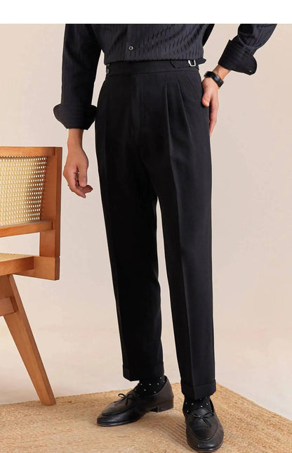 2025 New Italian Style Double Pleated Neapolitan Mens Formal Pants Casual Business Straight Leg High Waist Office Trousers Men