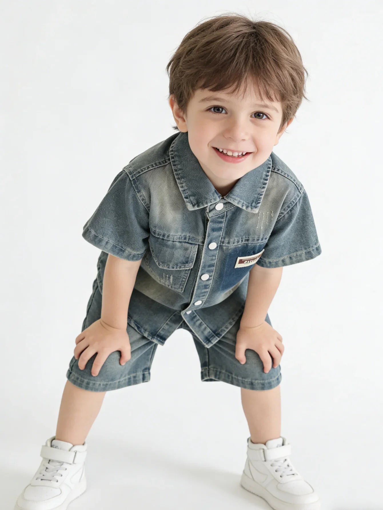 Breathable Kids Denim Two Piece Set, Soft Cotton Blend Toddler Boy Casual Outfit, Lightweight Vintage Washed Shirt + Shorts For