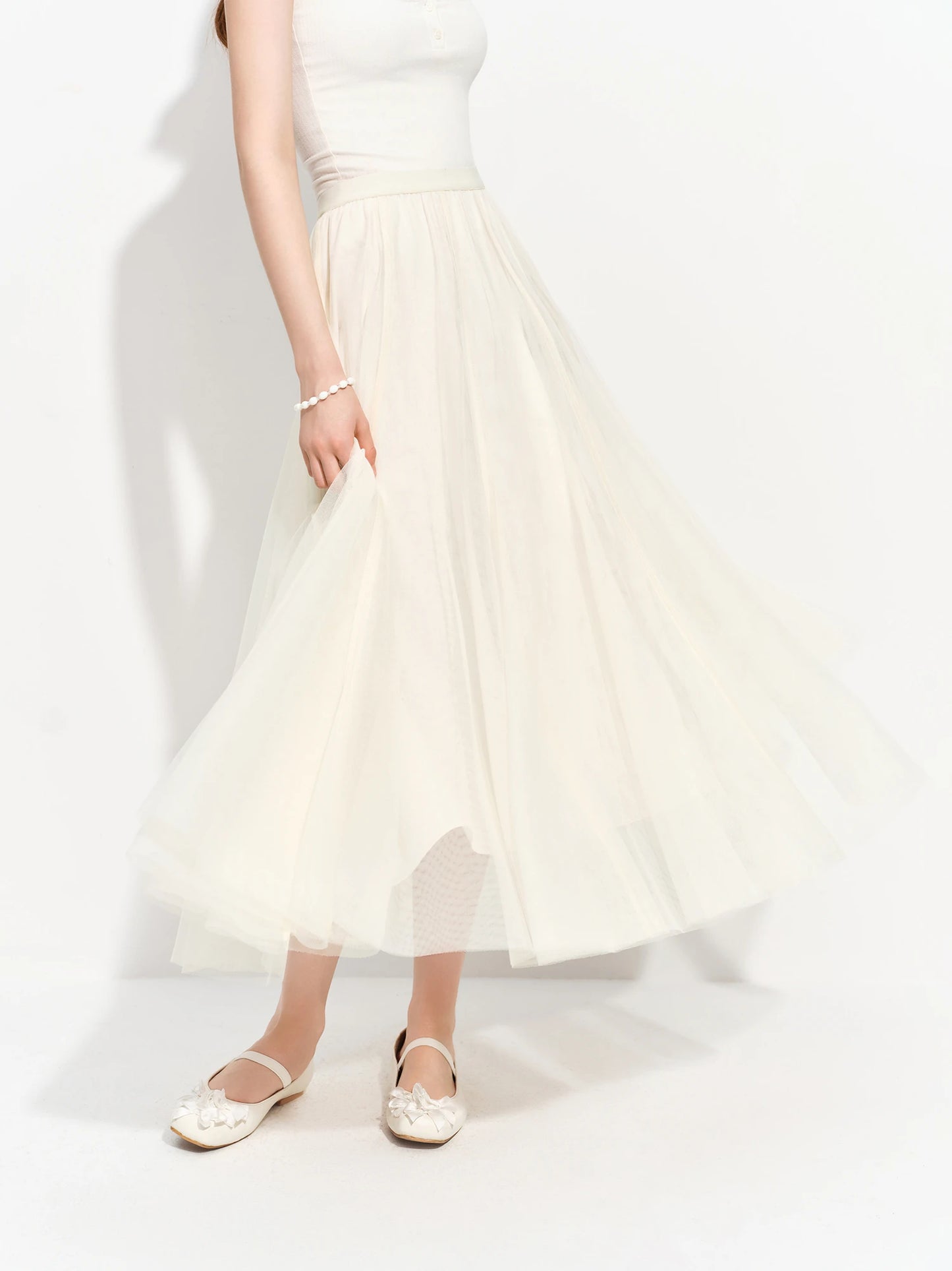 Women's Versatile Elastic Waist Mesh Midi Skirt Summer 2026 New Style Fairy Princess Banquet Wedding Bridesmaid Dress