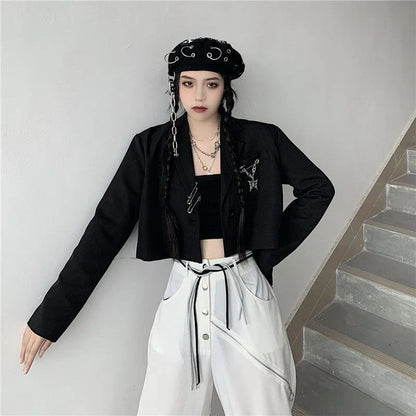 Autumn Women's Black Cropped Blazers Y2K Chic Metal Chain Design Suit Jacket Korean Hipsters Streetwear Loose Short Coat Woman