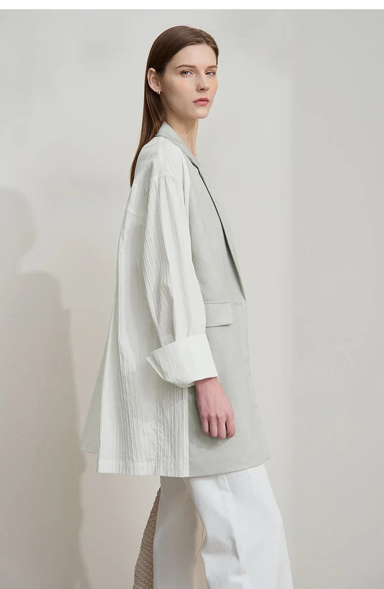 Minimalist Women's Fashion Casual Jacket 2025 Autumn Lyocell Linen Collision Splicing Crumple Texture Loose Blazer 12551008