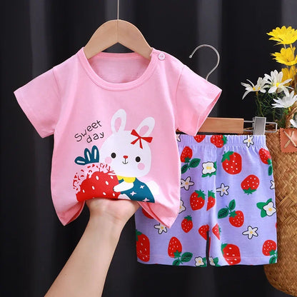 Cotton Short Sleeve T-shirts and Shorts 2PCS Breathable Outfit For Girls New Boys Summer Clothing Set Full Bear Print