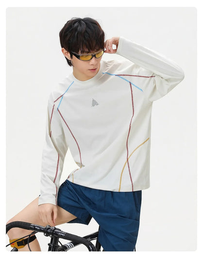 Men's Cool-Touch Contrast Stitch Long Sleeve T-Shirt – Loose Fit Moisture-Wicking Athletic Top for Autumn & Summer Sports