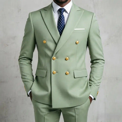 Mens Beige Slim Fit Double Breasted 2 Piece Formal Wedding Tuxedo Gold Buttons Flap Pockets Decorative Cuff Buttons Groom Prom
