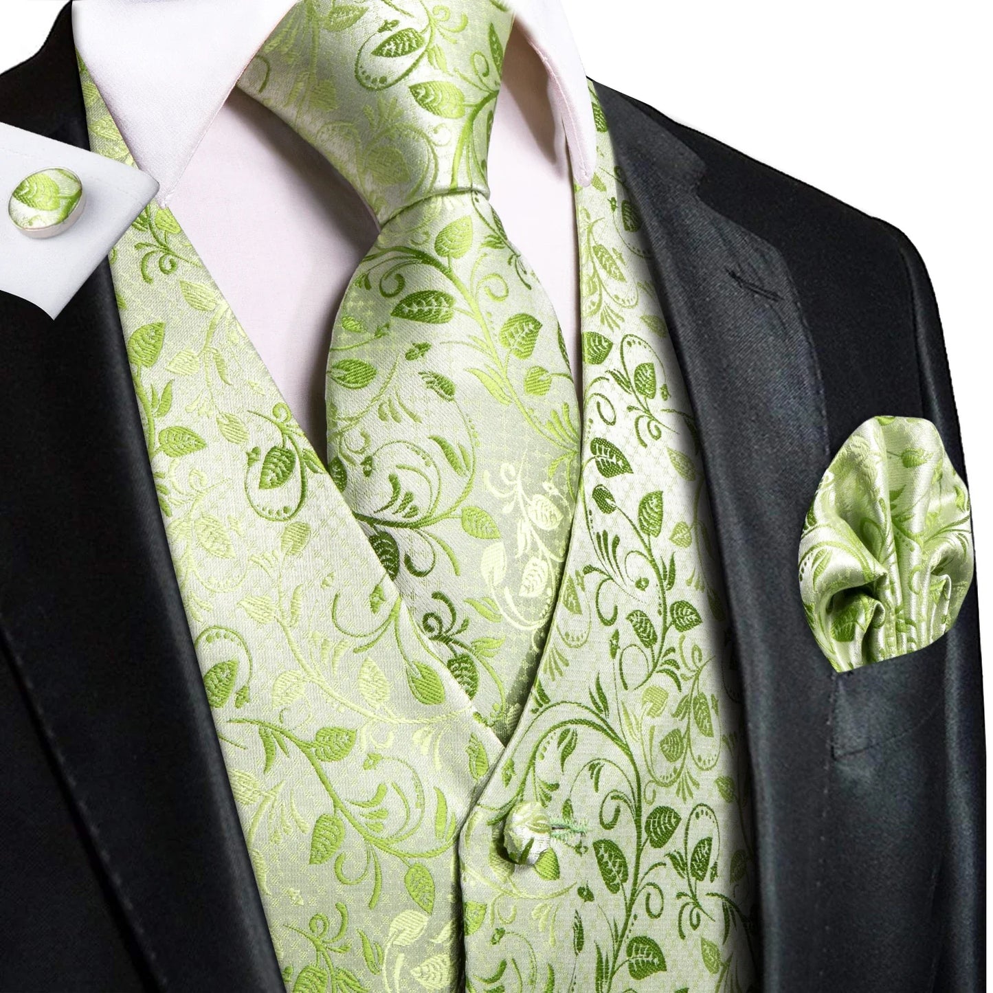 Green Mint Purple Mens Silk Vest Tie Jacquard Autumn Spring Suit Waistcoat Jacket Necktie Hanky Cufflinks for Men Wedding