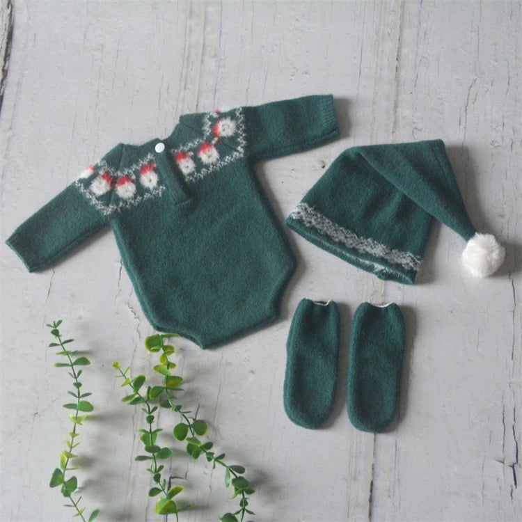 Christmas Baby Clothing Newborn Boy Girl Photography Santa Claus Costumes Sets Green Knitted Romper Stockings Hat 3pcs for Xmas