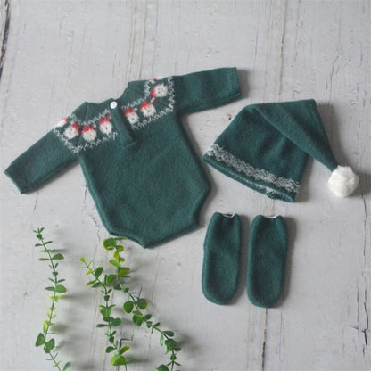 Christmas Baby Clothing Newborn Boy Girl Photography Santa Claus Costumes Sets Green Knitted Romper Stockings Hat 3pcs for Xmas