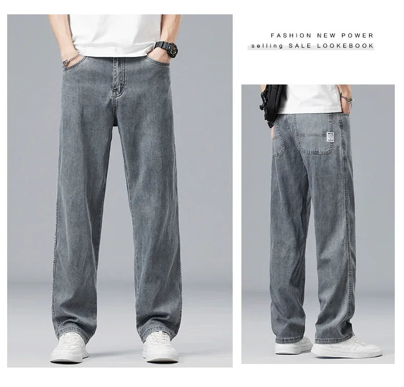 Lyocell Ultra-thin Summer Men's Jeans Elastic Ice Silk Drape Soft Loose Pants Straight Casual Denim Male Clothing Trousers