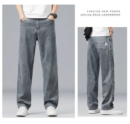 Lyocell Ultra-thin Summer Men's Jeans Elastic Ice Silk Drape Soft Loose Pants Straight Casual Denim Male Clothing Trousers