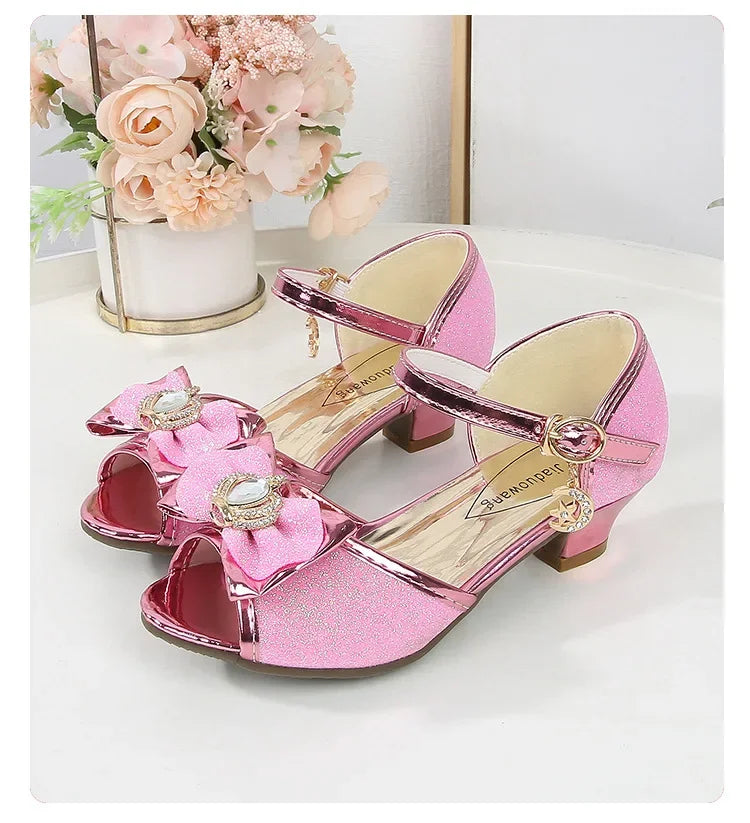 New Girl's High Heel Shoes for Kids Party Wedding Fashion Princess Causal Dress Shoes Sequins Versatile Children's Crown Sandals