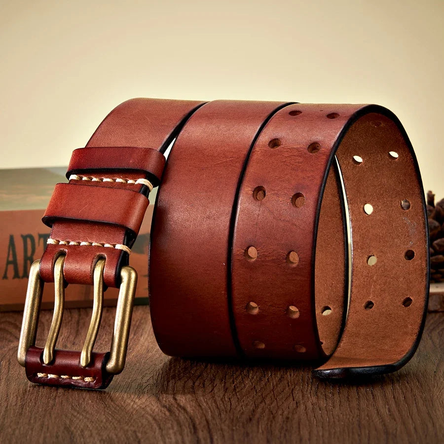 3.8cm Wide Retro Vintage Men's Belt Cowhide Genuine Leather Belt Copper Double Needle Buckle Handmade Cowboy Jeans Belt
