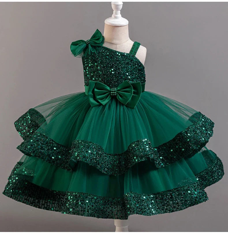 Fashion Birthday Dress Lace Mesh Bow Kids Girls Sequin Dress Summer Children Clothing Princess Ball Gown Pageant 1-6 Years