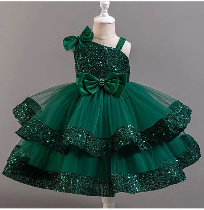 Fashion Birthday Dress Lace Mesh Bow Kids Girls Sequin Dress Summer Children Clothing Princess Ball Gown Pageant 1-6 Years
