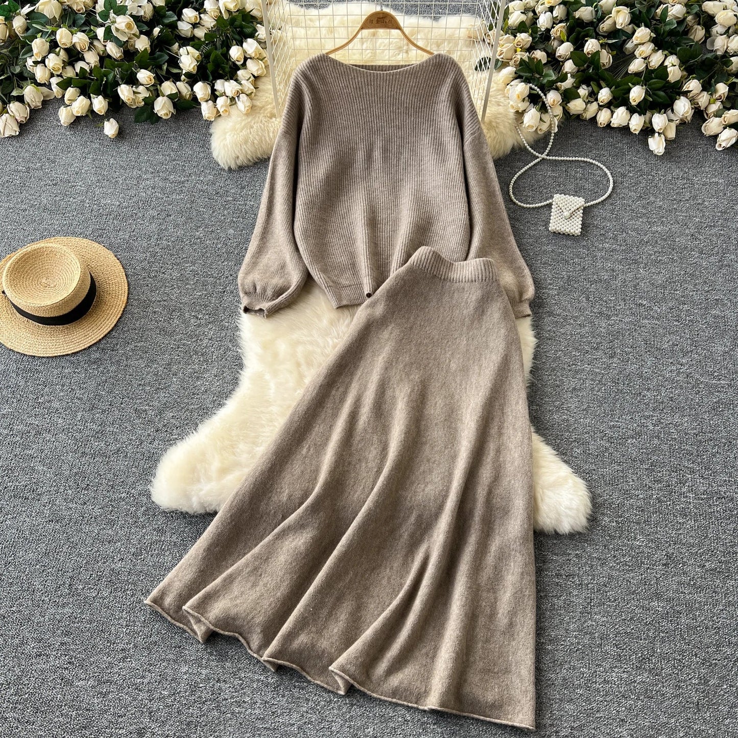 Autumn Casual Two Pieces Sets Women O-Neck Loose Knitting Top+Elastic Waist Large Swing Skirt Basic Korean Winter Sets