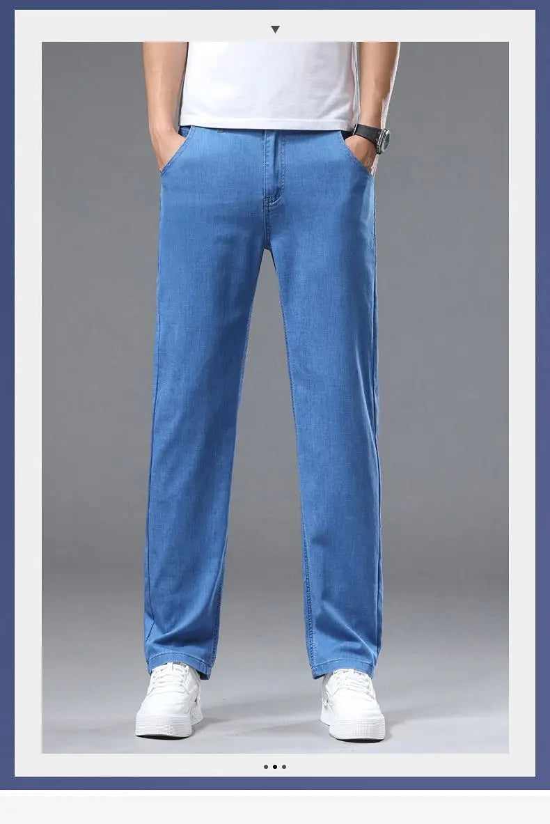 Light blue classic business jeans, fashionable breathable denim elastic pants, black blue men's straight leg jeans, sizes 28-40
