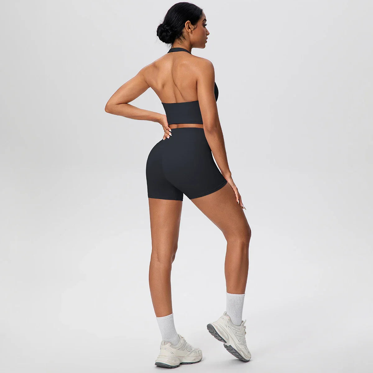2picese Women Yoga Suit Solid Color High Waist Hip Push Up Fitness Shorts Sexy Pilates Backless Gym Hanging Neck Bra Yoga Set