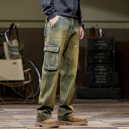 Autumn and winter new styles Men's outdoor multi-pocket cargo jeans Straight loose casual stretch fashion jeans for men