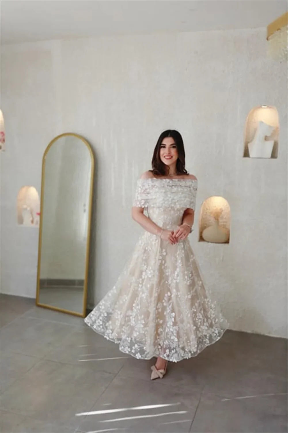 Champagn Tulle Evening dresses Off the Shoulder A-line Vestidos De Fiesta Elegant Long Sleeves Ankle-length  فساتين سهرة
