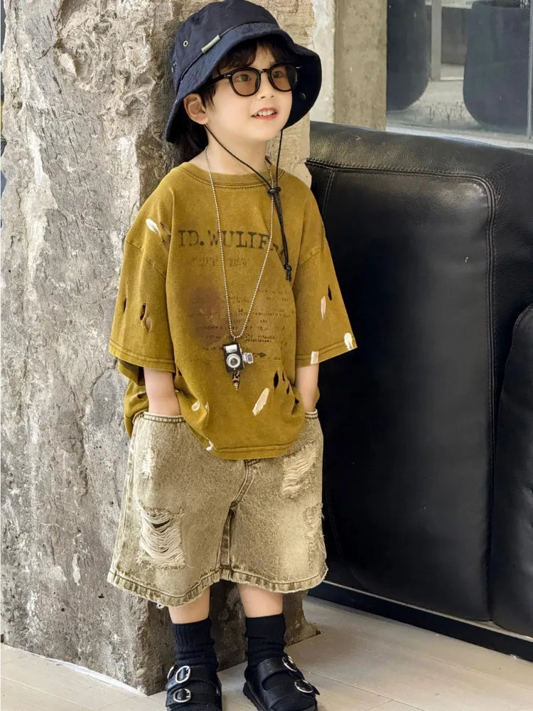 2026 Summer New Boys' Distressed Tie Dye Short Sleeved T-Shirt Junior Sizes Stylish Trendy Kids' Apparel