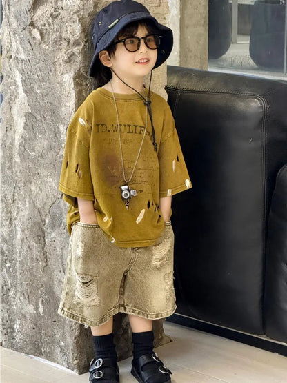 2026 Summer New Boys' Distressed Tie Dye Short Sleeved T-Shirt Junior Sizes Stylish Trendy Kids' Apparel