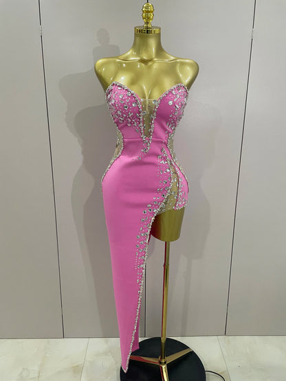Newest High Quality Sexy Strapless Shinning Rhinestones Bodycon Bandage Long Dress Women Fashion Celebrate Evening Party Vestido