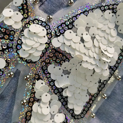 Ladies' Beaded and Sequined Denim Cropped Pants, New Summer Style, Raw-edge Straight-cut, Slim-fitting, Versatile Shorts