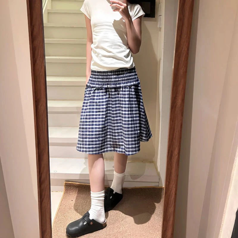 Vintage Plaid Mini Skirt Women Harajuku Aesthetic Patchwork Knee Length Skirts Summer Korean High Waist A Line Faldas New