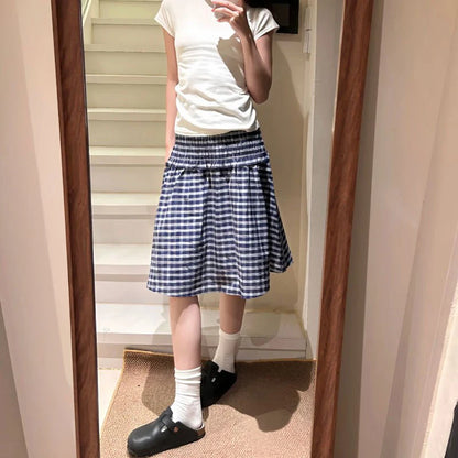 Vintage Plaid Mini Skirt Women Harajuku Aesthetic Patchwork Knee Length Skirts Summer Korean High Waist A Line Faldas New
