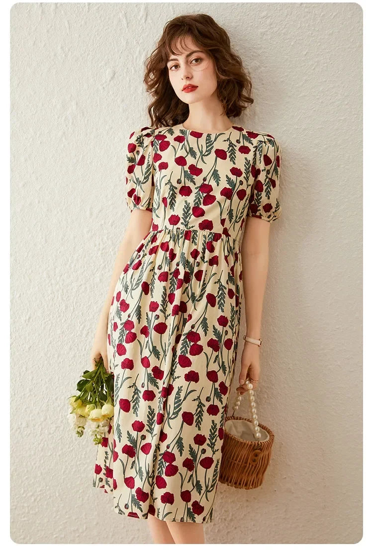 French Floral Print Dress Women 2026 Summer Round Neck Puff Sleeve Fitted Long Dress Casual Streetwear Outfits