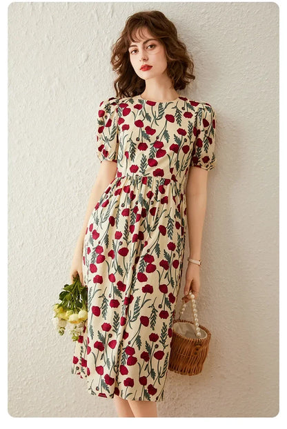 French Floral Print Dress Women 2026 Summer Round Neck Puff Sleeve Fitted Long Dress Casual Streetwear Outfits