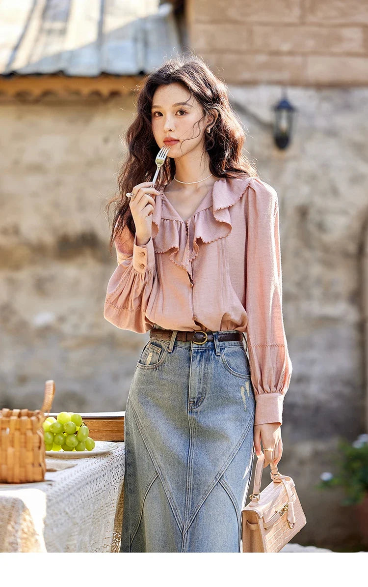 Lotus Leaf Collar Shirt Bubble Sleeves Pink Shirt for Women Spring 2025 Sweet Chiffon Top Temperament Shirts MXE12X1702