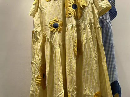 2026 Mori girl sweet blue yellow striped floral embroider patchwork dress for women summer Japan style 100% cotton long dress
