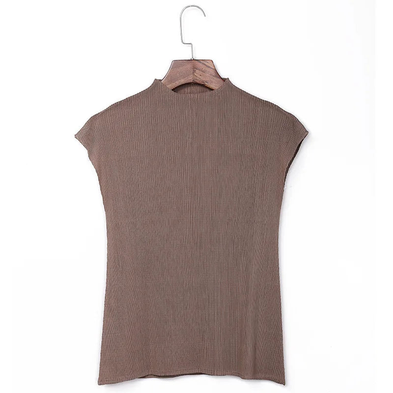 Miyake Versatile Classic Simple Solid Color Stand Up Collar Pleated Top Women Slim Slim Short Sleeve Miyake T-shirt Summer 2025