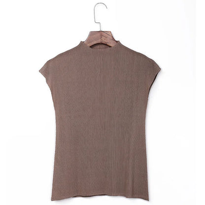Miyake Versatile Classic Simple Solid Color Stand Up Collar Pleated Top Women Slim Slim Short Sleeve Miyake T-shirt Summer 2025