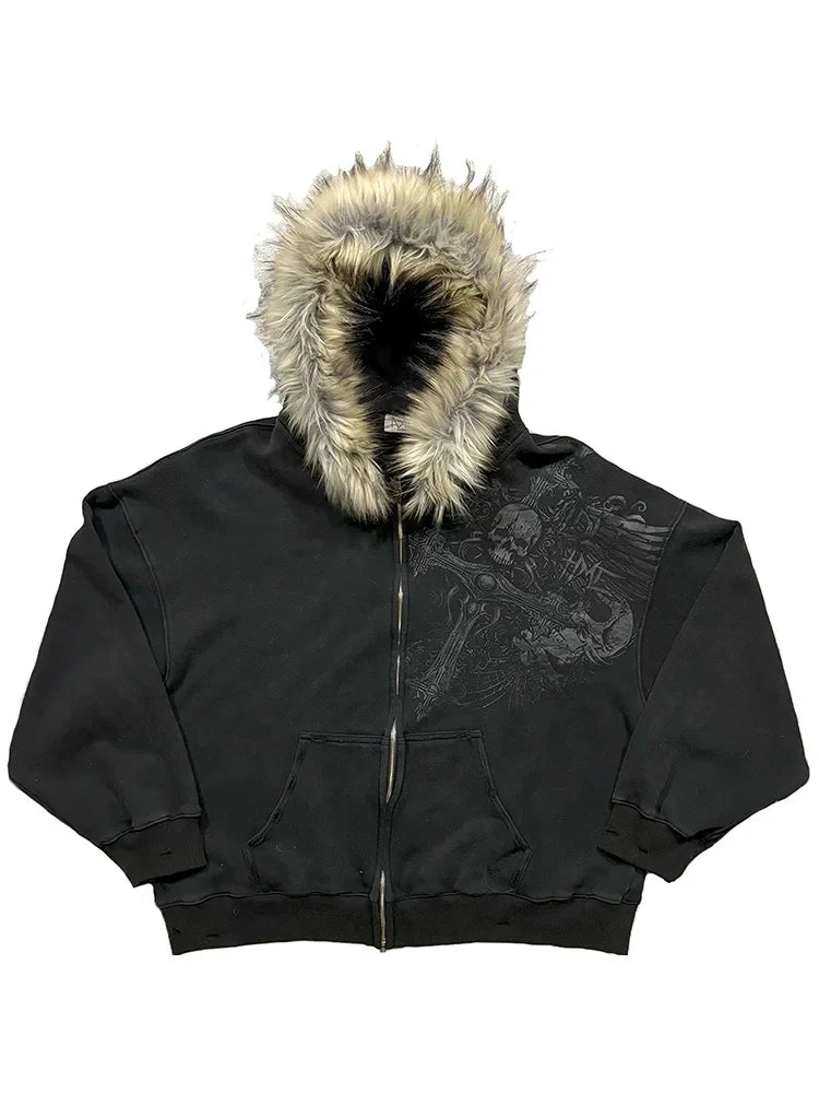 Autumn/Winter Y2k Women Aesthetic Harajuku Faux Fur Collar Hoodies Clothes Graphic Hip Hop Punk Gothic Zip Up Hoodies 2026 new