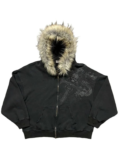 Autumn/Winter Y2k Women Aesthetic Harajuku Faux Fur Collar Hoodies Clothes Graphic Hip Hop Punk Gothic Zip Up Hoodies 2026 new