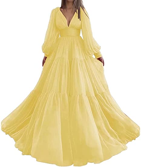 Pleat Tulle Princess Prom Gown V-Neck Long Puff Sleeve Plus Size Evening Gown Elegant Dress Women for Wedding Party