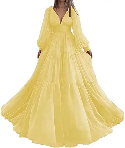 Pleat Tulle Princess Prom Gown V-Neck Long Puff Sleeve Plus Size Evening Gown Elegant Dress Women for Wedding Party