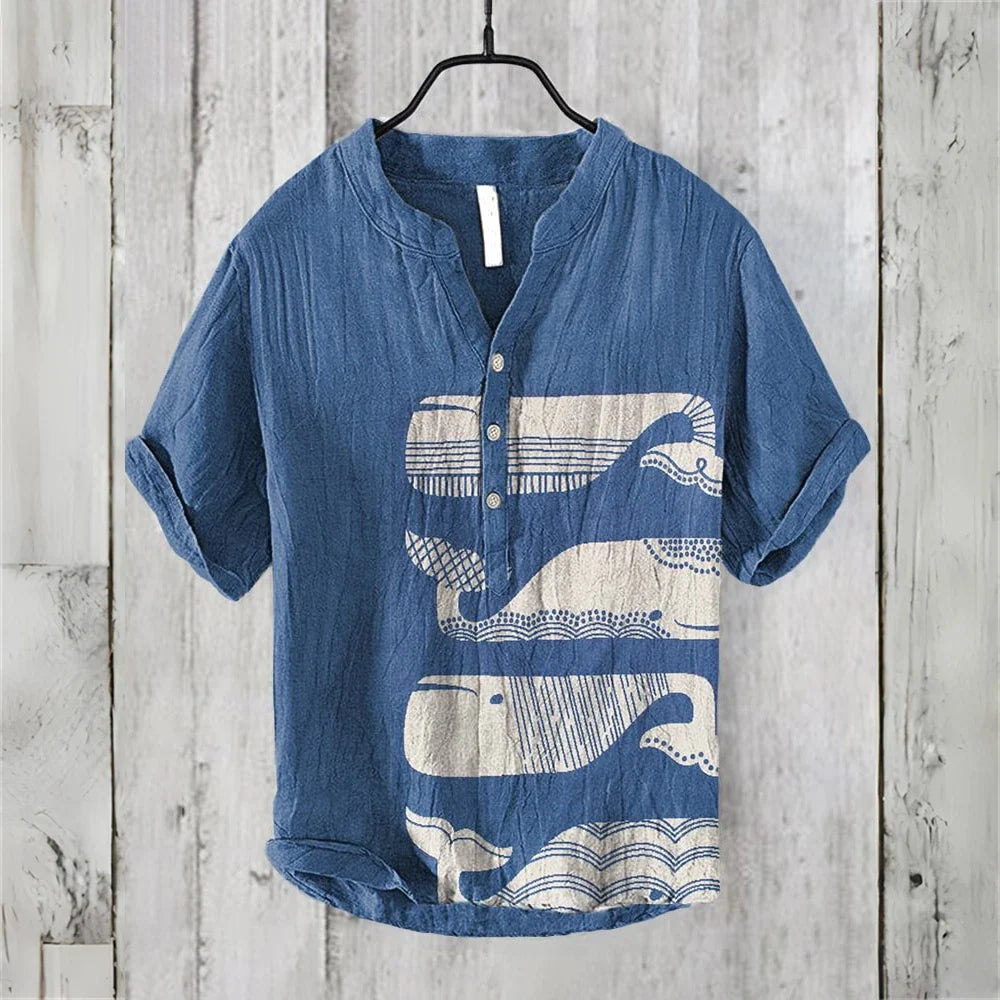 Men's short-sleeved POLO shirt blended linen top Hawaiian vacation great white shark fashion print Comfortable men's clothing