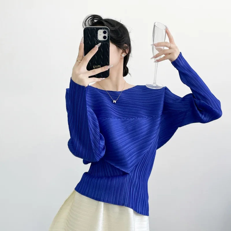 Miyake Pleated Top 2026 New Round Neck Short Sleeve Batwing T-Shirt Women Summer Lightweight Vacation Travel Women's Clothing
