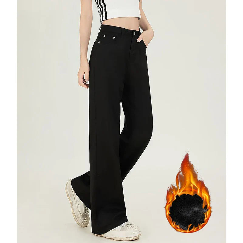 Winter Girls Thermal Fleece High Waist Jeans Lady Snow Warm Plush Denim Pants Women Classic Fashion Straight Leg Trousers