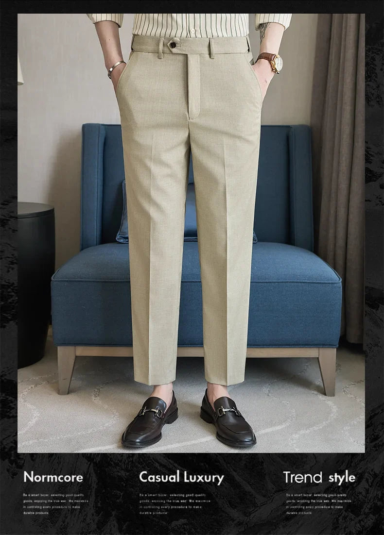 British Style Elastic Waist Men's Casual Slim Fit Trousers Summer High Quality Business Office Dress Wedding Party Suit Pants