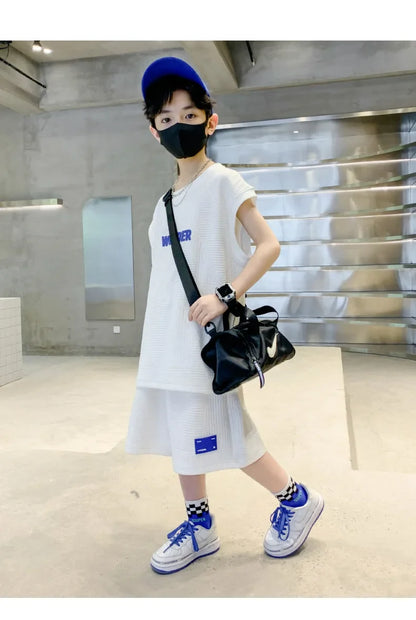 Summer Boys Waffle Alphabet Sleeveless t-Shirt Tops+Short Pants Set School Kids Tracksuit Child 2PCS Outfit Jogger Suit 5-16 Yrs