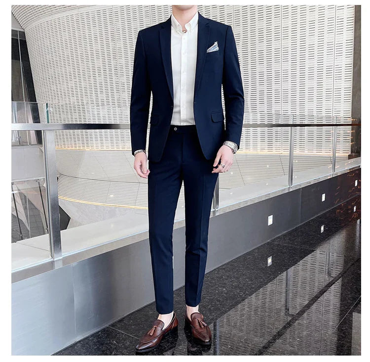 Men's Stylish Handsome Solid Color Suit Two-Piece Set M-4XL High Quality Formal Casual Banquet Fit Trousers Included