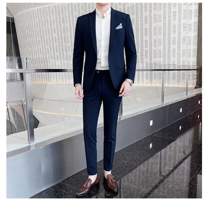 Men's Stylish Handsome Solid Color Suit Two-Piece Set M-4XL High Quality Formal Casual Banquet Fit Trousers Included