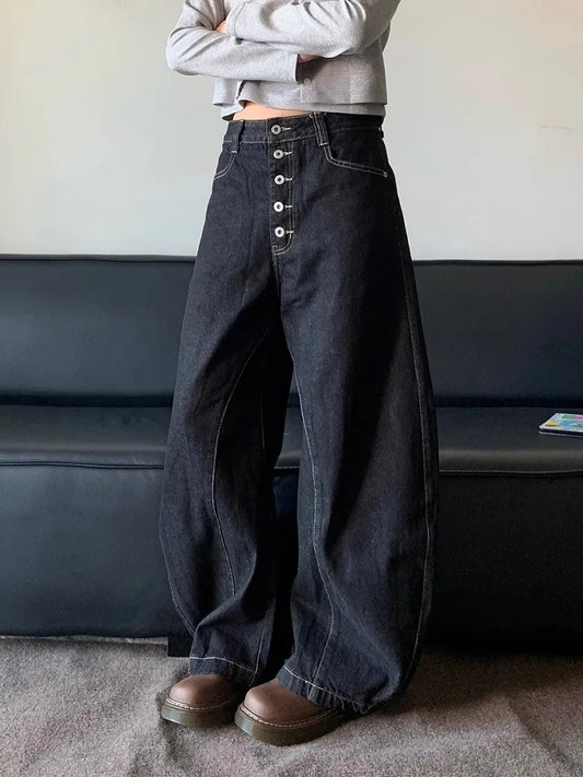 American Retro High Street Button Design Bootcu Bla Knife  Wide Leg Loose Long Jeans for Men And Women Trendy