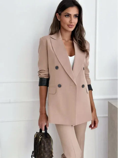 Autumn Winter New Style Women's Suit Coat Long Sleeve Double Buttoned Outerwear Top Cross-Border Fashion Polyester Fiber