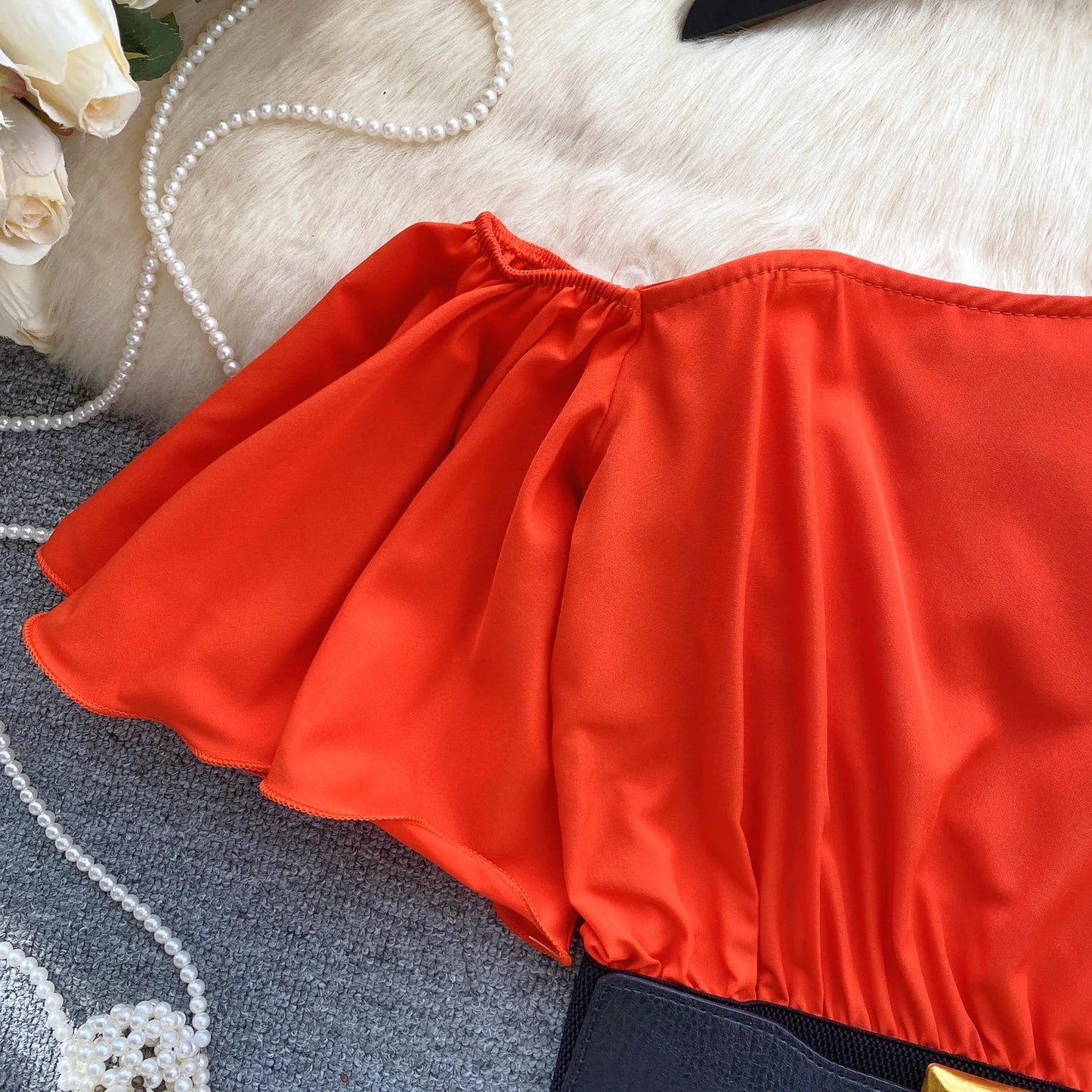 American Chic Blouse for Women Flounced Edge Skew Collar Bare Midriff Belt Skinny Shirts Summer Casual Female Tops Dropshipping