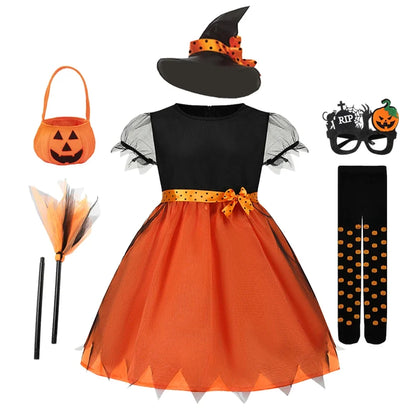 2026 Children's Pumpkin Costume Role Playing Girls Dress Carnival Party Halloween Cosplay Performance Kid Outfit