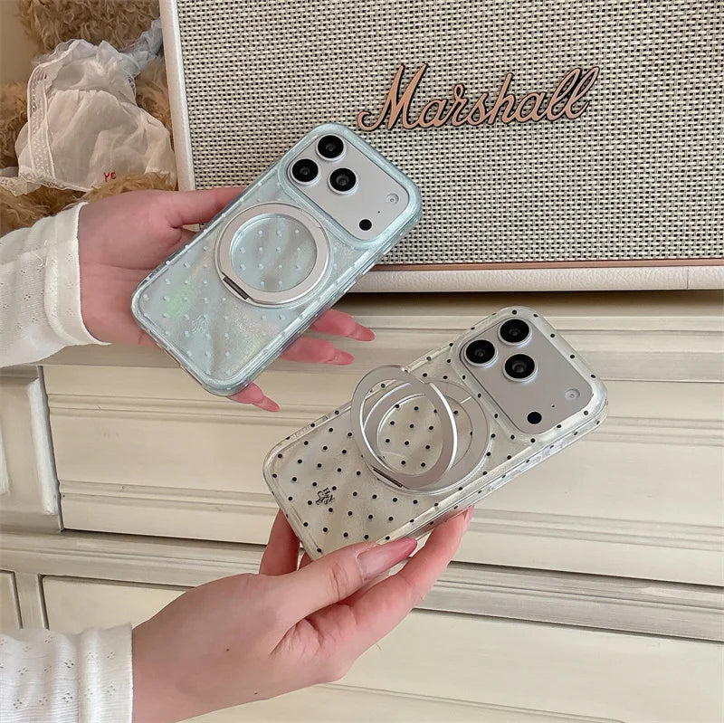 Luxury Polka Dot Ring Stand Holographic Phone Case For iPhone 15 16 17 Pro Max Shockproof Protective Cover